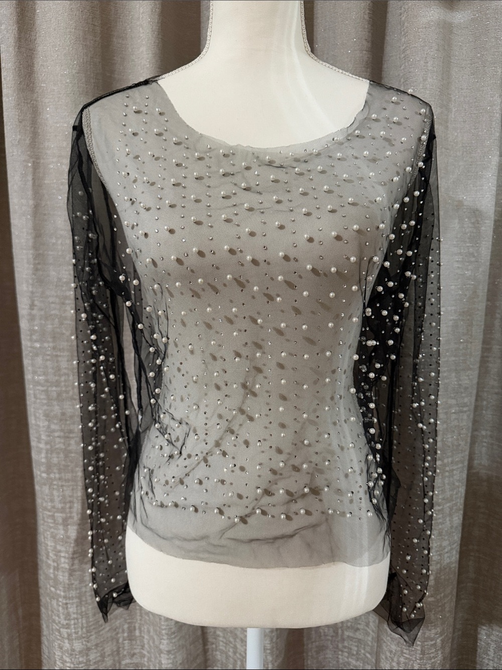 Sheer Pearl-Embellished Long Sleeve Top - Black